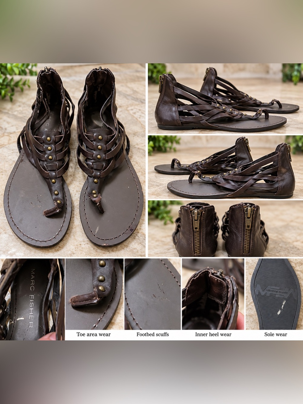 Marc Fisher Size 7M Brown Gladiator Sandals Studded Back Zip Flats